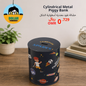 Cylindrical metal piggy bank