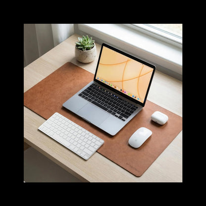 Laptop, keyboard, and mouse on a desk with a brown leather mouse pad.