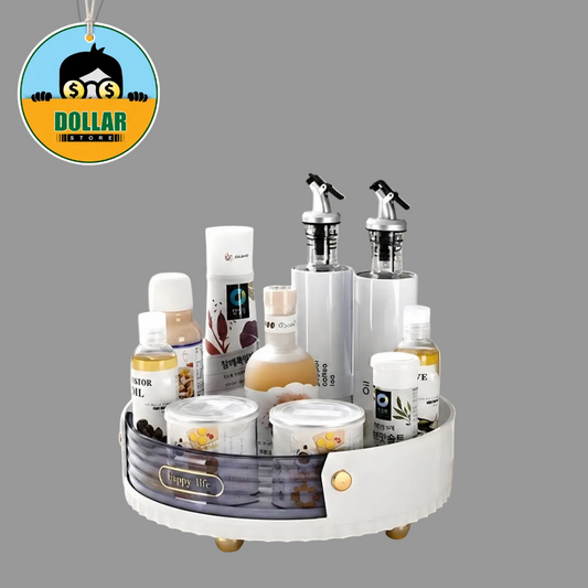 Rotating storage tray with various bottles on a marble surface, Dollar Store logo visible.
